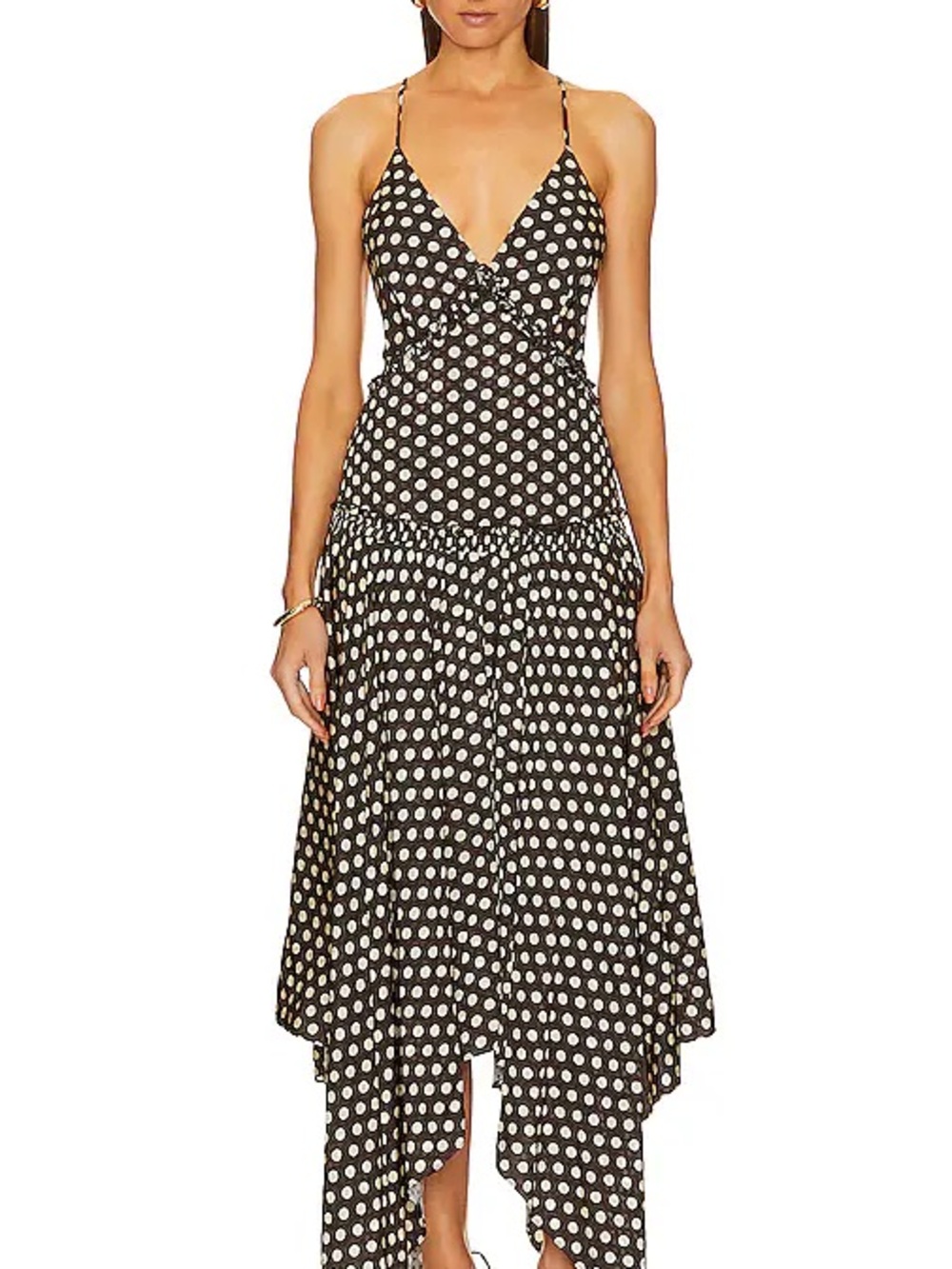 L'Academie Black and White Polka Dot Spaghetti Strap Midi Dress